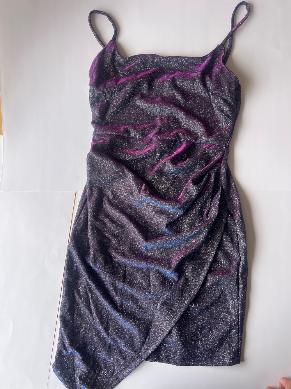Windsor Glitter Slip Mini Dress in Black with Pink & Blue Highlights